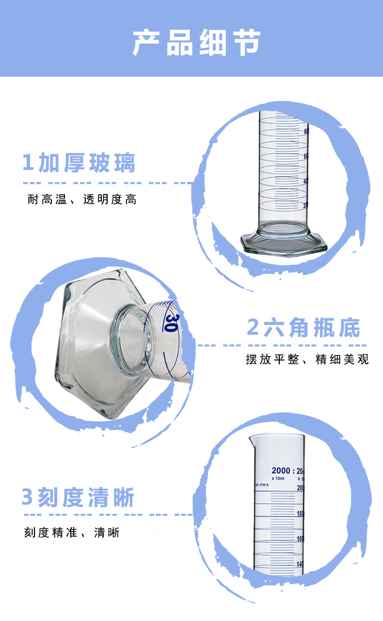 岱顶科技高硼硅透明带刻度六角底玻璃量筒5ml  10ml  25ml  50ml  100ml  250ml  500ml  1000ml  2000ml