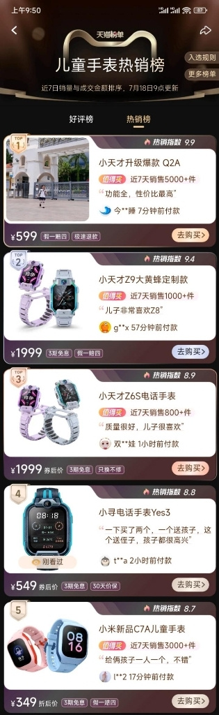 天貓榜單兒童手表熱銷第4名：小尋青少年學習手表Yes3