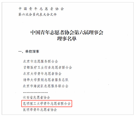 昆明理工大学青年志愿者联合会当选中国青年志愿者协会第六届理事会单位理事